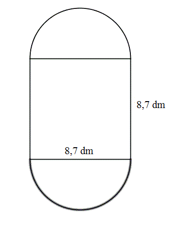Et kvadrat med sider 8,7 dm. To av sidene er diametre i halvsirkler